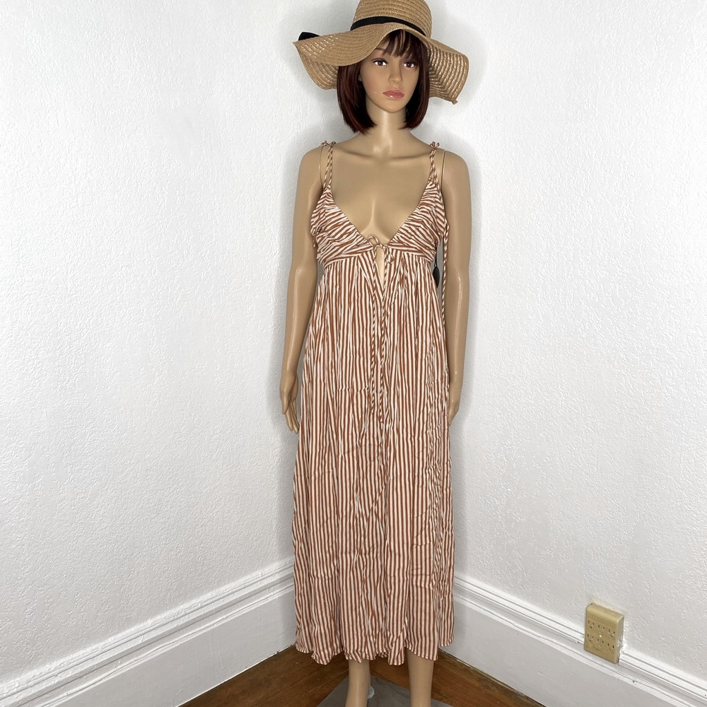 Amuse Society Fern Woven Maxi Dress Women’s Size L Striped Brown, Tan